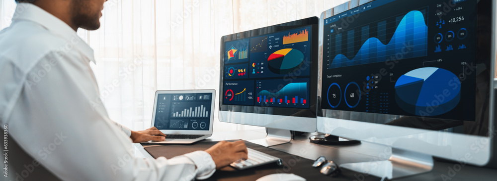 Poster analyst working on data analysis or bi dashboard on computer monitor. businessman analyzing financia
