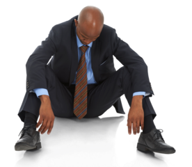 Depression, sitting and sad business black man on floor on png, isolated and transparent background. Bankruptcy, corporate anxiety and male person for mistake, crisis and fail at job, work or career