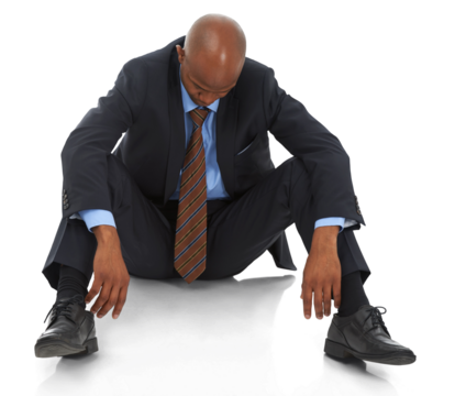 Depression, sitting and sad business black man on floor on png, isolated and transparent background. Bankruptcy, corporate anxiety and male person for mistake, crisis and fail at job, work or career
