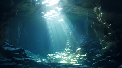 An exploration of underwater caves with beams of sunlight piercing through