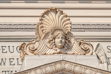 Potsdam, Germany - View of bas relief sculptures of Biblical scenes and texts at the main portal of...