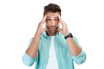 Dizzy, portrait or tired man with headache, stress or burnout isolated on transparent png...