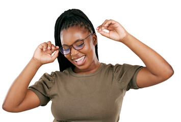 Eyewear, smile or black woman celebrate glasses for eyesight, prescription lens frame or excited...