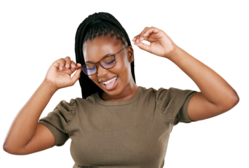 Eyewear, smile or black woman celebrate glasses for eyesight, prescription lens frame or excited for retail product choice. Eyeglasses, optics or excited African person on transparent, png background