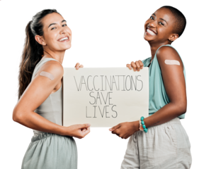 Women, portrait and vaccine promotion poster, covid healthcare with plaster on arm isolated on png transparent background. Female people, friends and billboard sign for corona virus safety and health