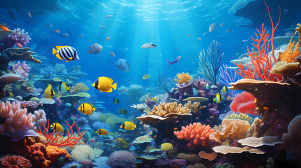An explosion of vibrant coral reefs teeming with exotic fish and marine creatures