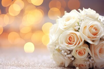 White roses bouquet and pearls on abstract blur pastel background. Wedding flowers and bright bokeh glitter backdrop