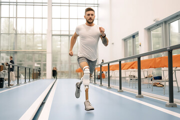 A disabled man with prostheses instead of legs runs on a treadmill in a rehabilitation center