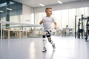 A disabled boy child with prostheses instead of legs trains in a rehabilitation center.