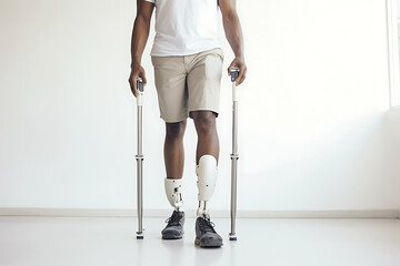 A disabled African American man with prosthetic legs poses against a white wall with walking sticks.