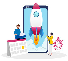 Startup project development team - V6. Team Building. Team Development Business Rocket Infographic. Vector Design.