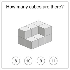How many cubes are there brain test. Education logic game for preschool kids. Kids activity sheet. Count the number of cubes. Children funny riddle entertainment. Black and white Vector illustration