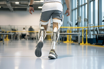 A disabled man with prosthetic legs trains in a rehabilitation center. Legs close up