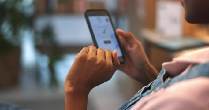 Phone screen, hands scroll and food shopping in home, click sale and choice on digital menu. Smartphone, restaurant website and person on ecommerce app for lunch, brunch payment and delivery in house