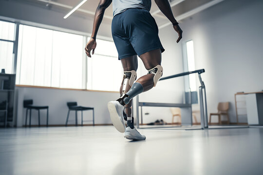 A disabled African American man with prostheses instead of legs trains in a rehabilitation center d in a white light room. Legs close up