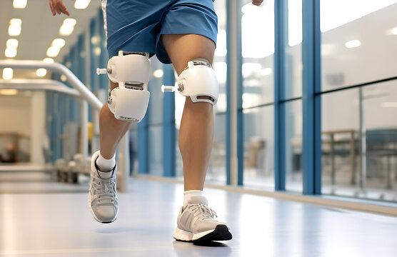 A disabled man with prosthetic legs trains in a rehabilitation center. Legs close up