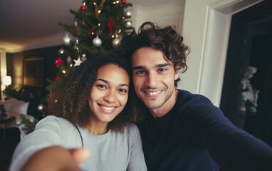 Fototapeta premium Multiracial young couple or family taking selfies on Christmas at home in modern apartment