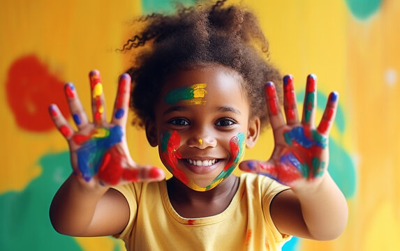 Black african american dark-skinned cute cheerful girl showing her hands painted 