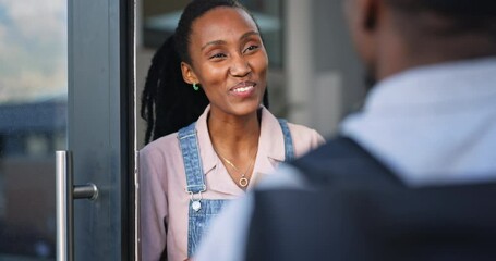 Tablet, black woman and signature in delivery, happy and parcel, box or package by door in home. Technology, smile and customer sign, ecommerce or retail cargo, online shopping or shipping of courier