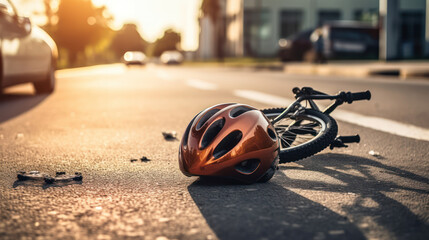 Close - up photo, of a kid bicycling helmet fallen on the asphalt next to a kid's bicycle after car accident on the street in the city  - obrazy, fototapety, plakaty
