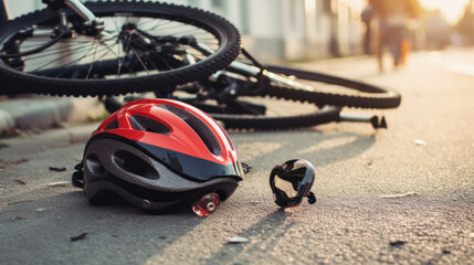 Close - up photo, of a little kid bicycling helmet fallen on the asphalt next to a kid's bicycle after car accident on the street in the city 