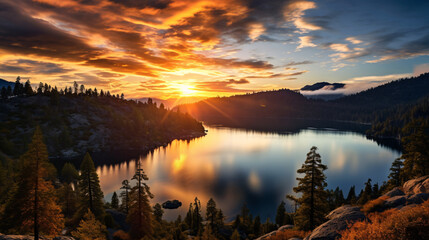 Ethereal Landscape Shot Capturing the Sun's Golden Hue Over Majestic Mountains and Serene Lakes