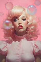 portrait of blond curly hair woman with bubbles and frilly dress with pink background
