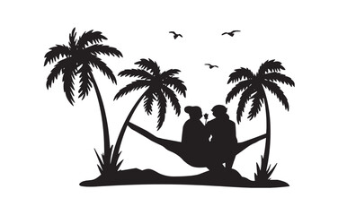 elderly couple in love sitting on a hammock and palm trees vector silhouette