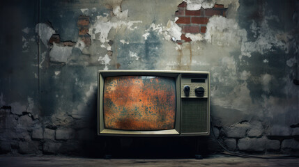 Close-up old crt tv in front of grunge old wall.