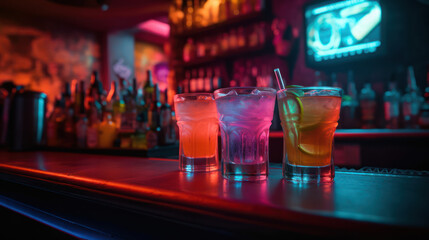 Neon colorful cocktails in a cyberpunk bar