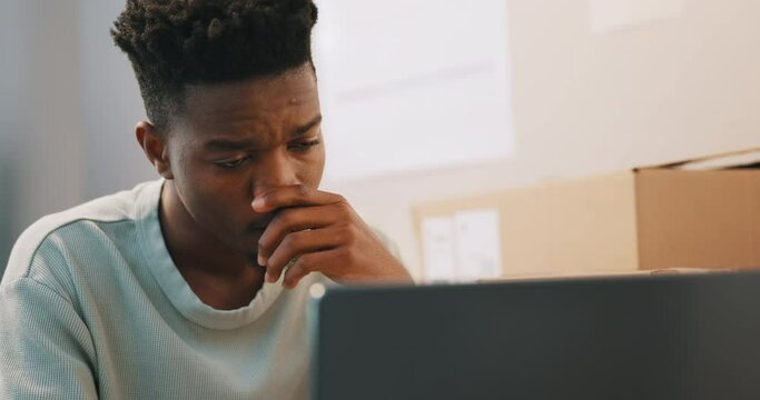 Fail, Stress And Black Man On Laptop In Home, Tired And Small Business Challenge. Burnout, Fatigue And African Person In Financial Crisis For Tax, Audit And Anxiety For Debt, Depression And Mistake