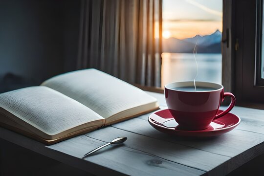 cup of coffee on the table with open book generated by AI tool                               
