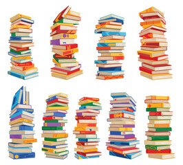 High book stacks or pile icon set. Library textbooks and school literature heaps, dictionaries. Bookstore advertise. Cartoon stacked books angle view with different colorful covers isolated on white