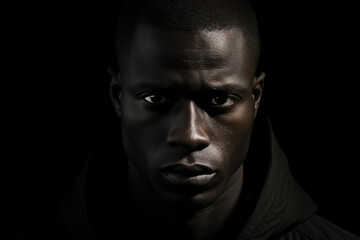 Obraz premium Headshot frowning afro american man in black hoodie looking at camera