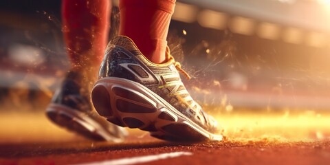 Runner feet running on a stadium, closeup on feet, sports background, space for copy, AI Generative - obrazy, fototapety, plakaty