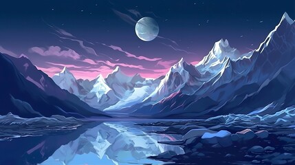 Snow peaks and glaciers on the dark sky landscape illustration. AI Generative