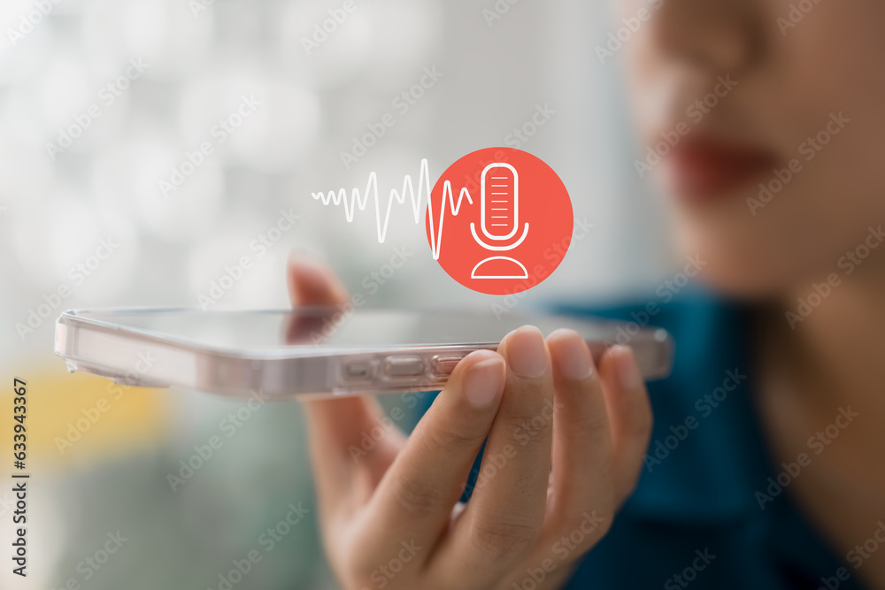Fototapete Modern Voice Recording, Hand Holding Microphone Icon on Smartphone Capture Sound Music and Voice Messages with this Voice Recording App. Use AI Enabled Internet Search for Easy Access to Information.