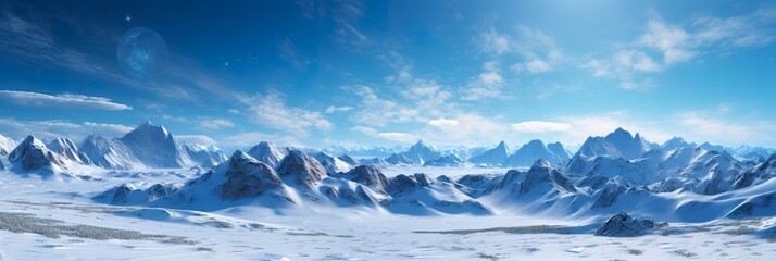 Fototapeta na wymiar vast desolated snow land, big mountains in the background, snowfall with light blue sky and light blue colors, peaceful atmosphere, AI Generative