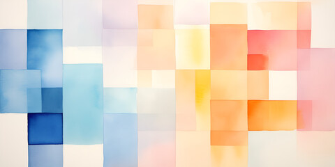 Transparent overlapping square design in pastel rainbow colors on white background