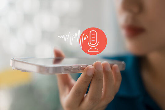 Modern Voice Recording, Hand Holding Microphone Icon on Smartphone Capture Sound Music and Voice Messages with this Voice Recording App. Use AI Enabled Internet Search for Easy Access to Information.