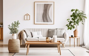 Boho open space interior in a cozy apartment with a design. Generative AI