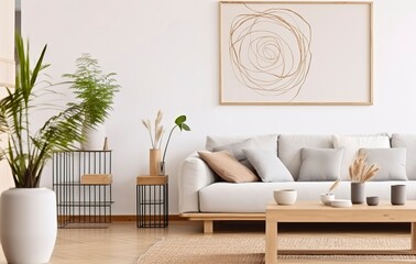 Boho open space interior in a cozy apartment with a design. Generative AI