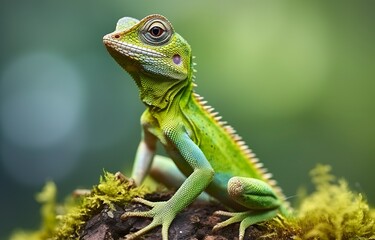 Fototapeta premium Bronchocela cristatella, also known as the green crested lizard. 