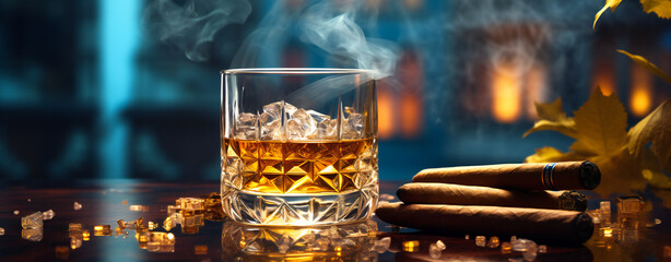A glass of whiskey or bourbon with a cigar near it - obrazy, fototapety, plakaty