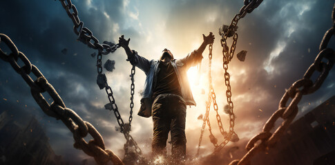 A man breaking his chains. Concept of breaking free of constrains, liberation and freedom.