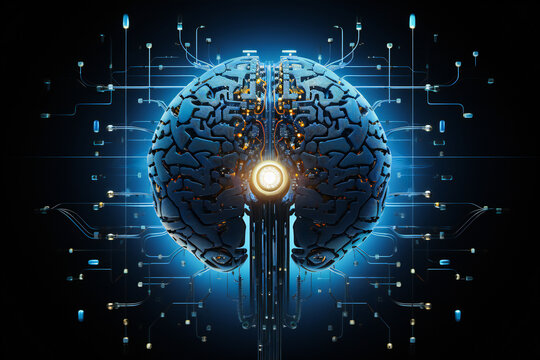 Stylized brain over computer circuit. Brain linked to computer and artificial intelligence concept.