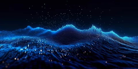 Küchenrückwand glas motiv Data technology futuristic illustration. Blue wave pattern on a dark background. Generative AI © ANNY