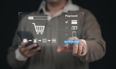 Concept technology online shopping or e-commerce : Businessman touching or pressing the virtual screen of an online store to order what he wants in website and offers home delivery or payment.	
