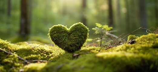 Closeup of wooden heart on moss. Natural burial grave in the woods. Generative AI