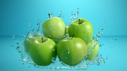Fresh green apples fall into the water with a splash on blue background. Generative AI